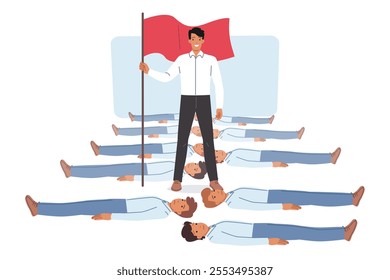 Businessman crushed competitors and holds red flag standing over exposed bodies of colleagues. Businessman achieved career success thanks to ambition or willingness to go above and beyond