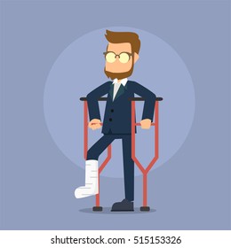 businessman crutches and showing cast on a broken leg