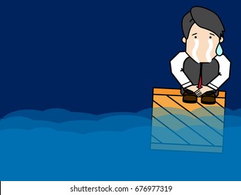 Businessman crying was left in the middle of the ocean. Funny vector style.