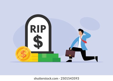 Businessman crying at money grave, 2d flat vector illustration