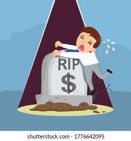 Businessman crying at money grave, illustration vector cartoon