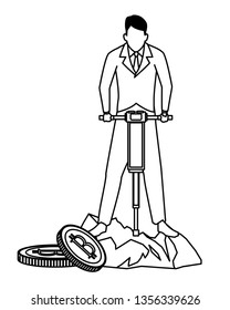 businessman and cryptocurrency embedded in the ground black and white