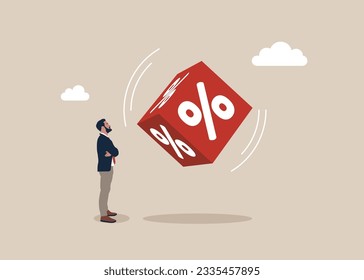 Businessman  with cube block with percentage symbol icon. Interest, financial and mortgage rates. Vector illustration