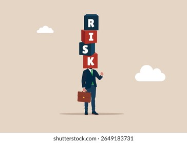 Empresário com um cúbico na pilha com a palavra RISCO nos ombros. Gestão de risco, controle ou avaliação para perder dinheiro em investir. Ilustração vetorial moderna em estilo plano. 