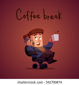 Businessman with a cup of coffee. Coffee break. Cartoon character in a suit with a cup of coffee in a comfortable chair.