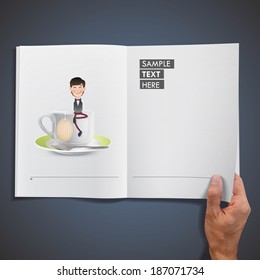 Businessman with cup of coffee printed on book. Vector design 