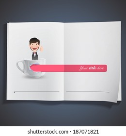 Businessman with cup of coffee printed on book. Vector design 