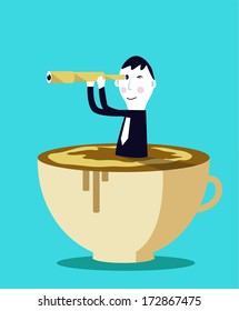 Businessman in a cup of coffee  and seeking for an opportunity.