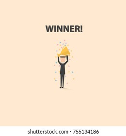 A businessman and a cup of success with congratulation colorful flakes. Business concept of success. Vector illustration.