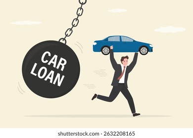 Businessman or customer carrying heavy debt car and run away from giant stone ball. Car loan, financial problem, poverty, bankruptcy. flat vector illustration