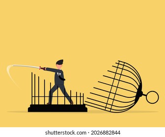 Businessman cut the cage with a sword. Escape from routine comfort zone, businessman becomes free