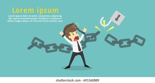 Businessman cut the chain and free himself from debt.Financial freedom .Business young cartoon of success concept is man character.businessman emotions moving include icon of man.Vector Illustration