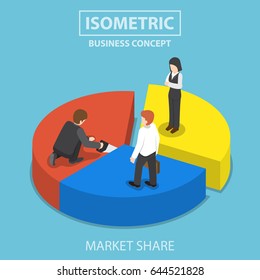 Businessman cut chart pie with saw and sharing to colleague, market share concept