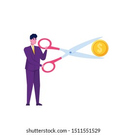 Businessman Cut Dollar Coin.  Sale,Discounts Symbol. Cost Reduction Or Cut Price. Vector Illustration.