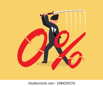 Businessman cut number 0 percent with his sword. FED cut interest rate to be negative interest rates for economic stimulus