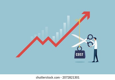 Businessman cut rope with cost hanging on red arrow. Cost reduction, efficiency and optimization concept illustration