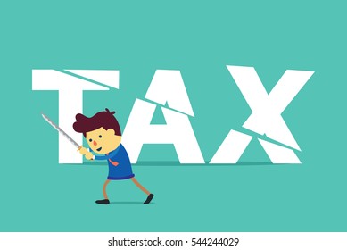 Businessman cut tax with sword. This illustration about save money by tax deduction.