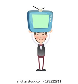 Businessman with cute TV over white background