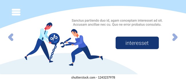Businessman cuts colleagues chain bound to leg. percent of credit or debt,  finance freedom concept.  Teamwork cooperation success.  Horizontal banner copy space flat