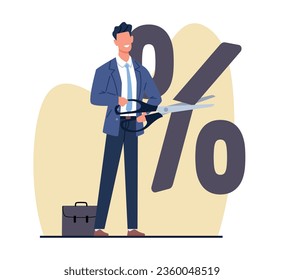 Businessman cuts interest sign with scissors. Man divides percent symbol. Fed raised central bank interest rate to curb soaring inflation. Vector economic crisis and money loss concept