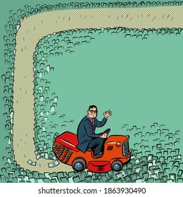 A businessman cuts money with a lawn mower. Finance and income. Wealth. comics illustration drawing