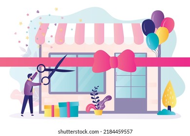 Businessman cuts ribbon with scissors during opening of store. Owner at opening ceremony of shop. Entrepreneur announces start of boutique. Launching new business project. Flat vector illustration