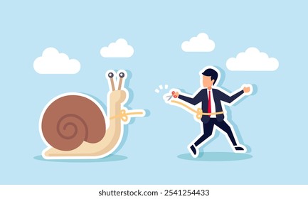 A businessman cuts the rope binding him with a snail using scissors, illustration of breaking free from things slowing down a business company's performance