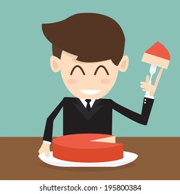 The businessman cutting big cake piece 
