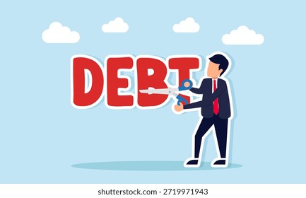 Hombre de negocios que corta el texto de la deuda con las tijeras ilustración de reducir la carga financiera y de pagar la deuda empresarial