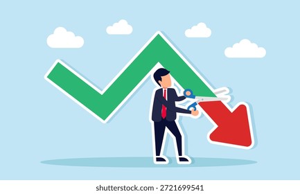 Hombre de negocios cortando un gráfico de flecha en declive con tijeras ilustración de detener la tendencia de rendimiento negativo en el progreso del negocio