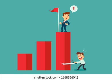 Businessman cutting down bar graph with another businessman on top. Business competition concept.