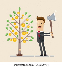 Businessman cutting down a money tree with golden coins. Vector, illustration, flat