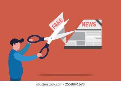 Businessman cutting Fake News with scissors. concept of Stop and misinformation spreading on internet and media