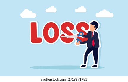Businessman cutting loss text with scissors illustration of ending a losing trend and turning it into success