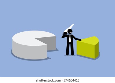 Businessman cutting out a piece of pie chart. Vector artwork depicts business man getting his share profit from financial gain. 