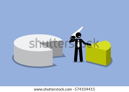 Businessman cutting out a piece of pie chart. Vector artwork depicts business man getting his share profit from financial gain. 