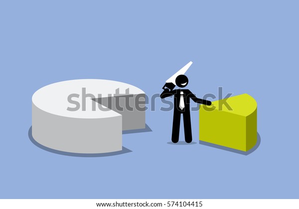 Businessman cutting out a piece of pie chart. Vector\
artwork depicts business man getting his share profit from\
financial gain. 