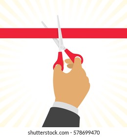 Businessman cutting red ribbon with pair of scissors. Opening ceremony event celebration. Vector illustration in modern flat style. EPS 10.