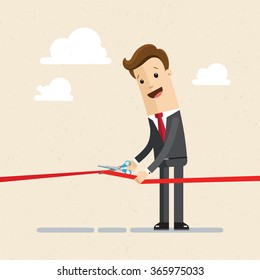 Businessman cutting a red ribbon with scissors. Illustration, VECTOR, EPS10