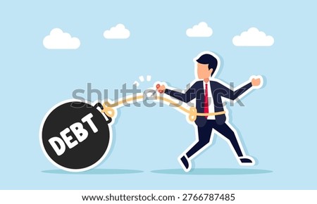 Businessman cutting rope connected to debt burden with scissors illustration of business debt repayment and financial freedom concept
