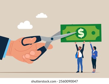 Businessman cutting scissors to cut dollar banknotes. Cost reduction or cut price. Flat vector illustration.