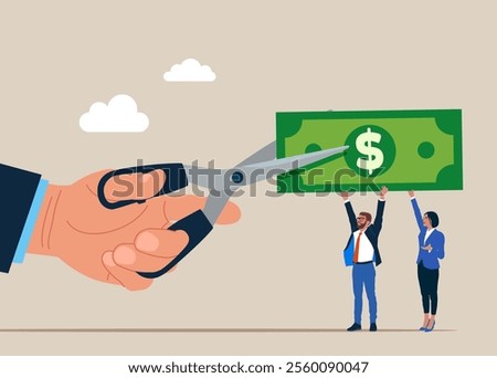 Businessman cutting scissors to cut dollar banknotes. Cost reduction or cut price. Flat vector illustration.
