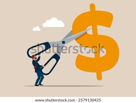 Businessman cutting scissors to cut dollar sign. Cost reduction or cut price. Crisis. Flat vector illustration.