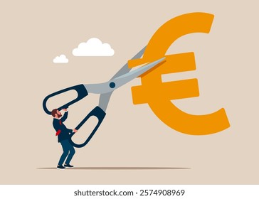 Businessman cutting scissors to cut euro sign. Cost reduction or cut price. Flat vector illustration.