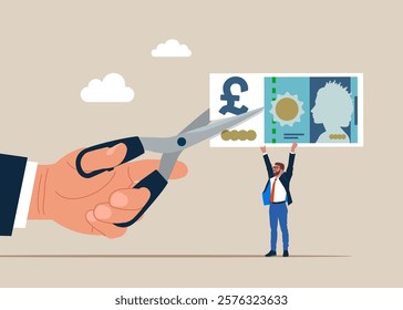 Businessman cutting scissors to cut pound sterling banknotes. Cost reduction or cut price. Pound sterling banknote. British money. Currency. Flat vector illustration.