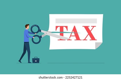 Businessman cutting word tax with scissors, Business finance, lower tax bill concept