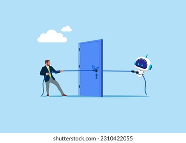 Businessman and cyborg with artificial intelligence pulling door with rope, struggles in market competition. Human versus artificial intelligence. Flat vector illustration