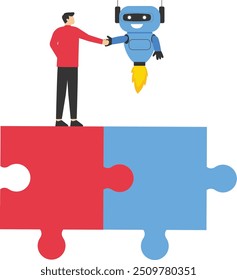 Businessman and cyborg finish deal and handshake on jigsaw puzzle. Partnership and agreement to help technology success, together teamwork support each other concept. Flat vector illustration

