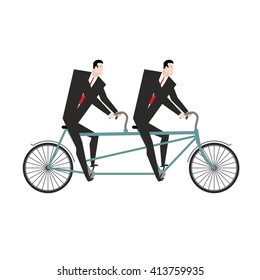 Businessman cycling. Business team goes on bike tandem. Manual management of project. Two managers in suits pedal
