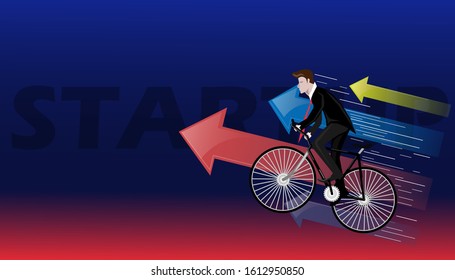 Businessman Cycling to success  - creative illustration of business startup word lettering typography.